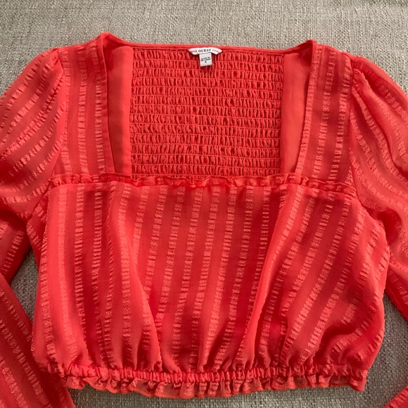 Guess Women's Vibrant Orange square neck long puff sleeve Blouse crop top. - Picture 4 of 10